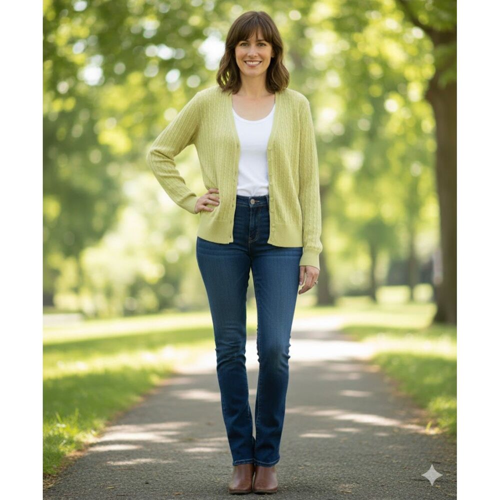 Talbots petites women cardigan Large lime green cotton long sleeve button front